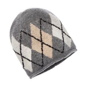 Amicale Cashmere Large Argyle Boucle Cashmere Beanie, Grey